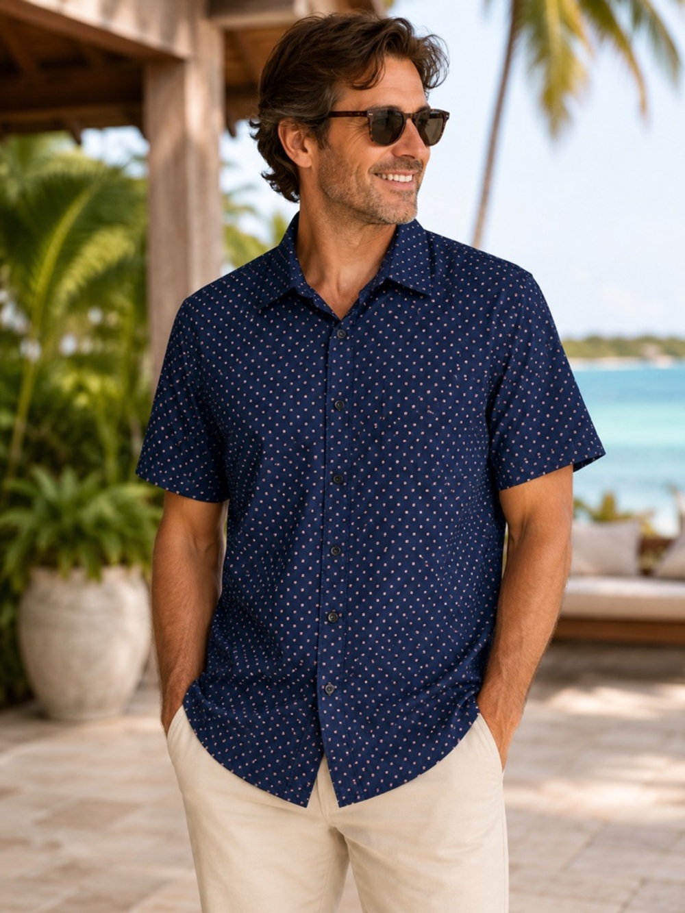 Kenneth Cole Mens XL Navy Geometric Print Short Sleeve Stretch Button Shirt